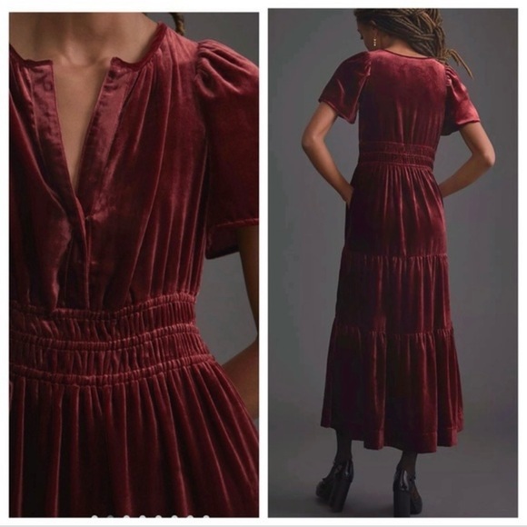Anthropologie Somerset velvet tiered red maxi dress size extra small - Picture 1 of 7